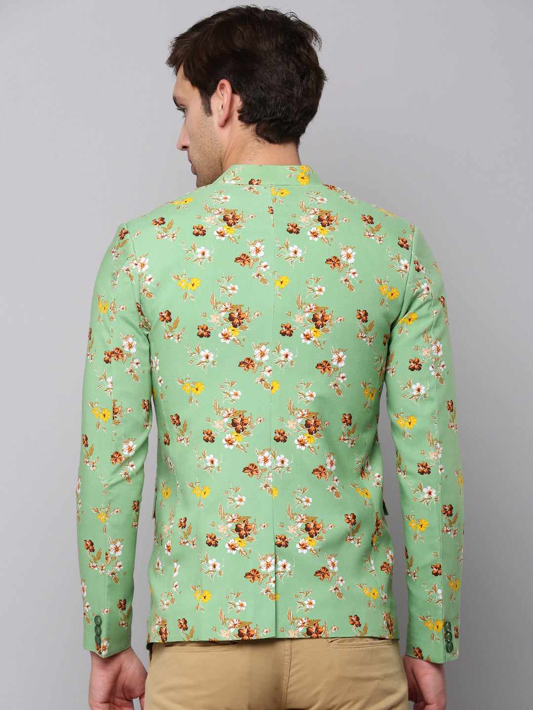 Men's Green Printed Slim Fit Bandhgala Blazer