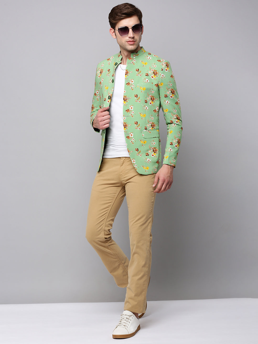 Men's Green Printed Slim Fit Bandhgala Blazer