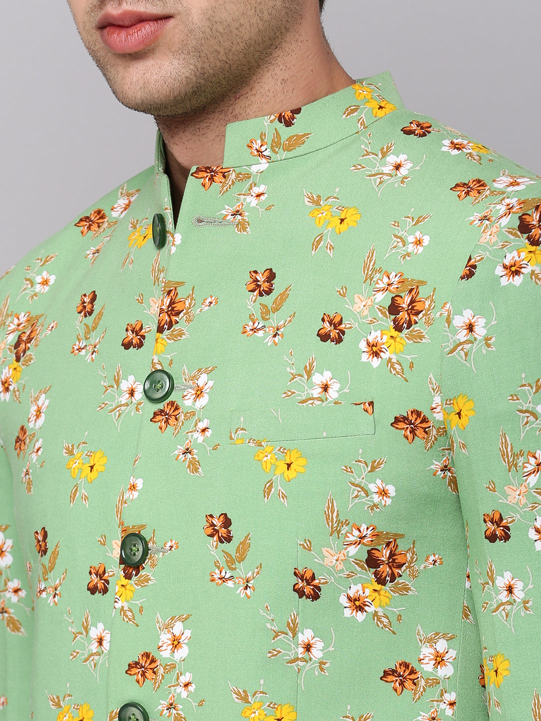 Men's Green Printed Slim Fit Bandhgala Blazer