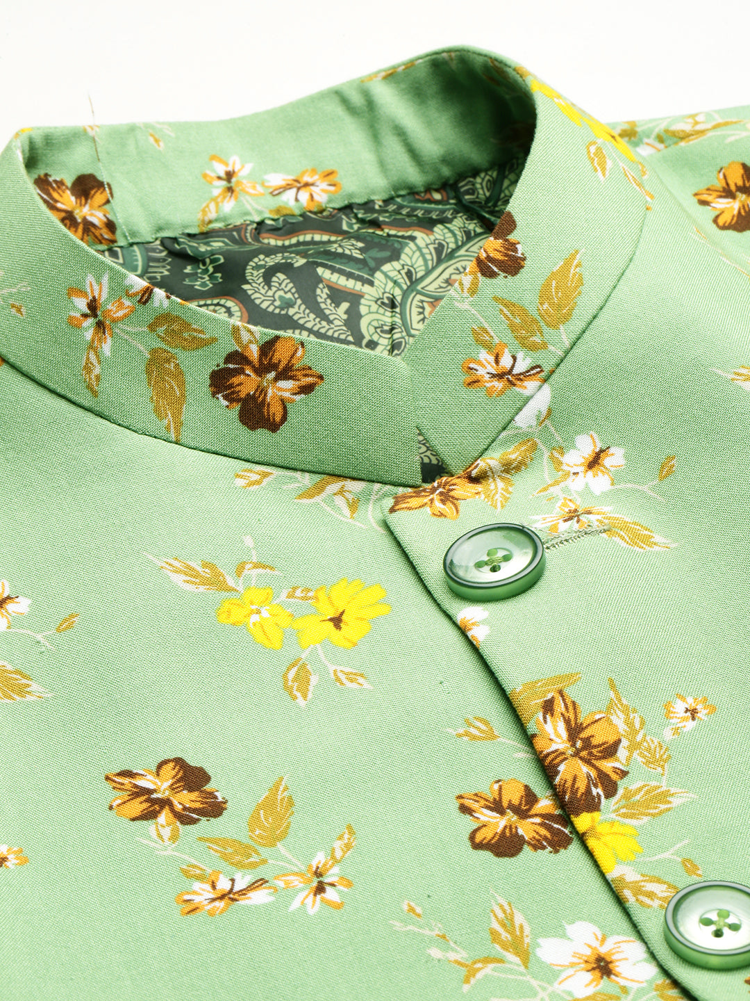 Men's Green Printed Slim Fit Bandhgala Blazer