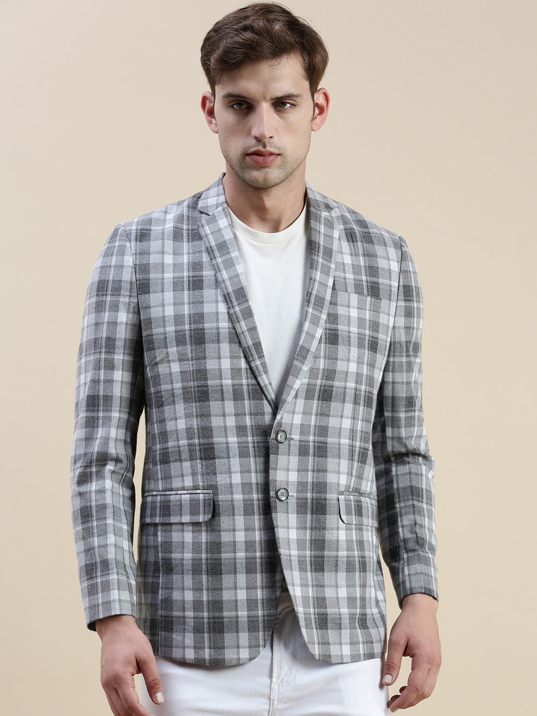Men's Grey Checked Notched Lapel Collar Single-Breasted Blazer