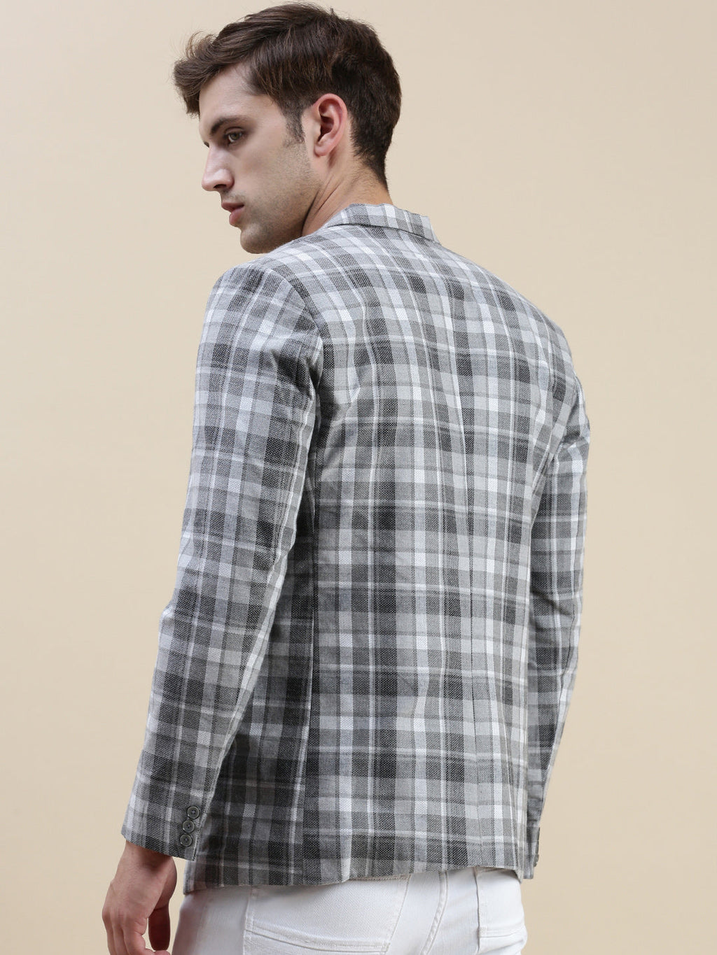 Men's Grey Checked Notched Lapel Collar Single-Breasted Blazer