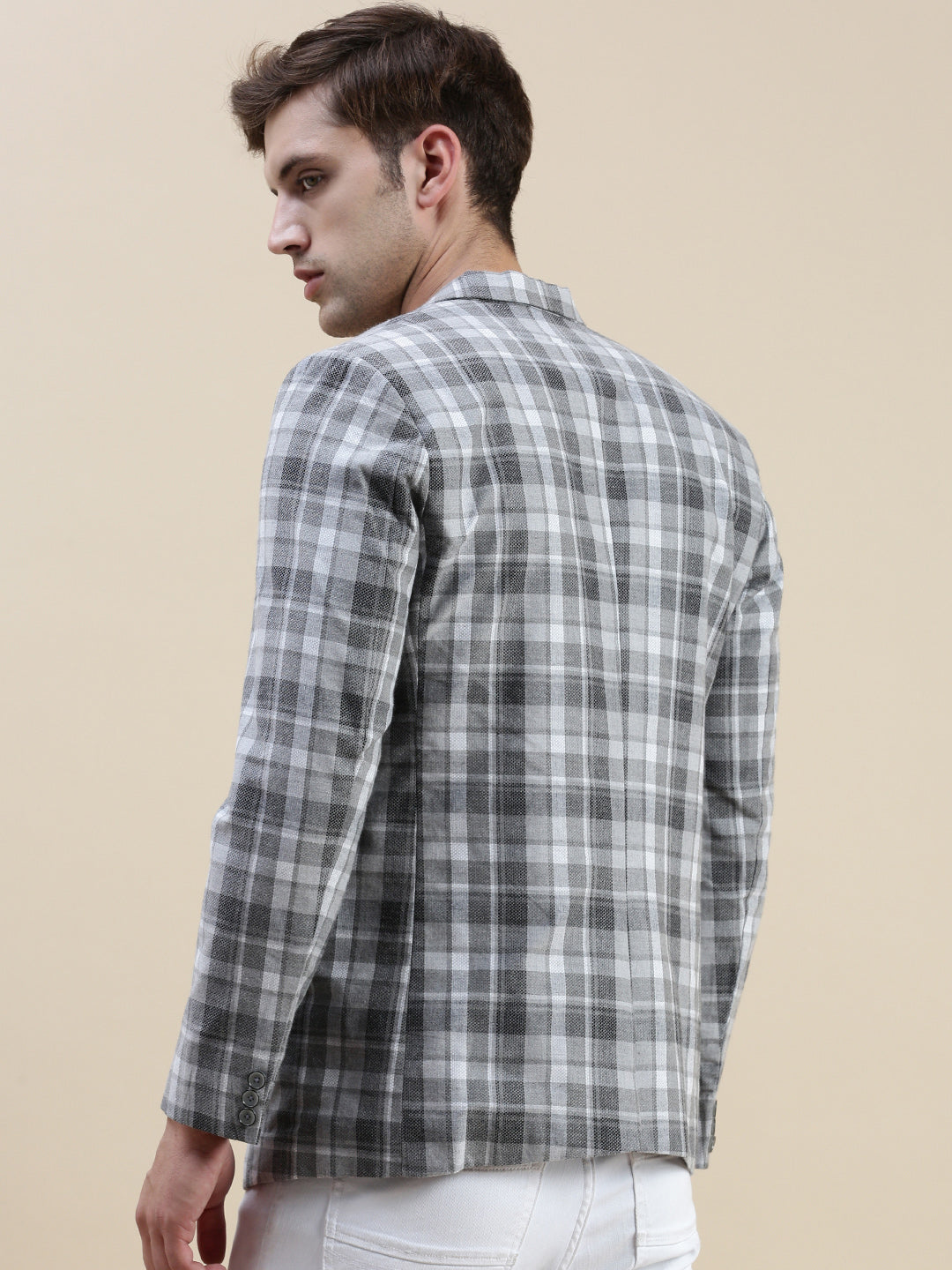 Men's Grey Checked Notched Lapel Collar Single-Breasted Blazer