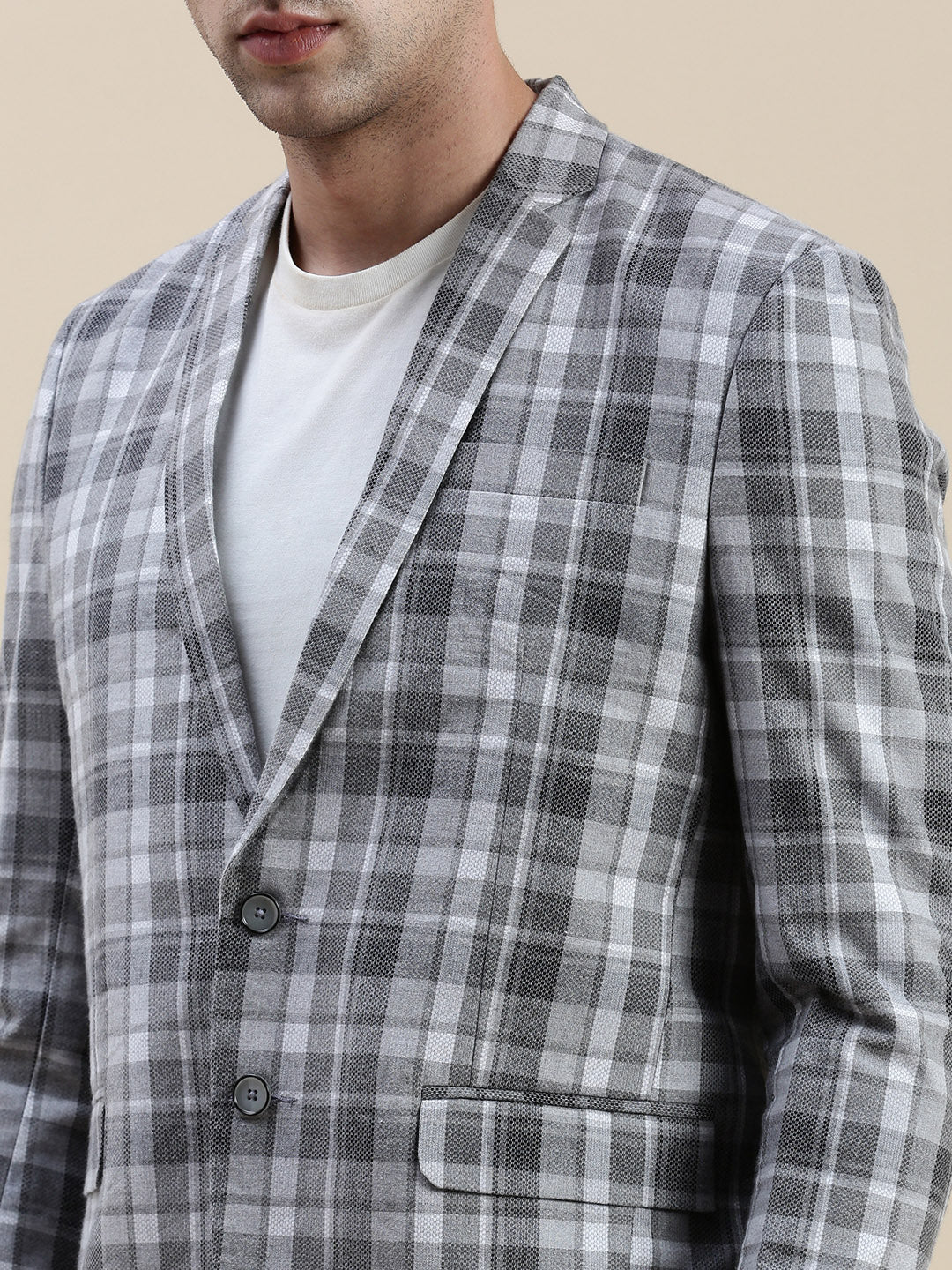 Men's Grey Checked Notched Lapel Collar Single-Breasted Blazer