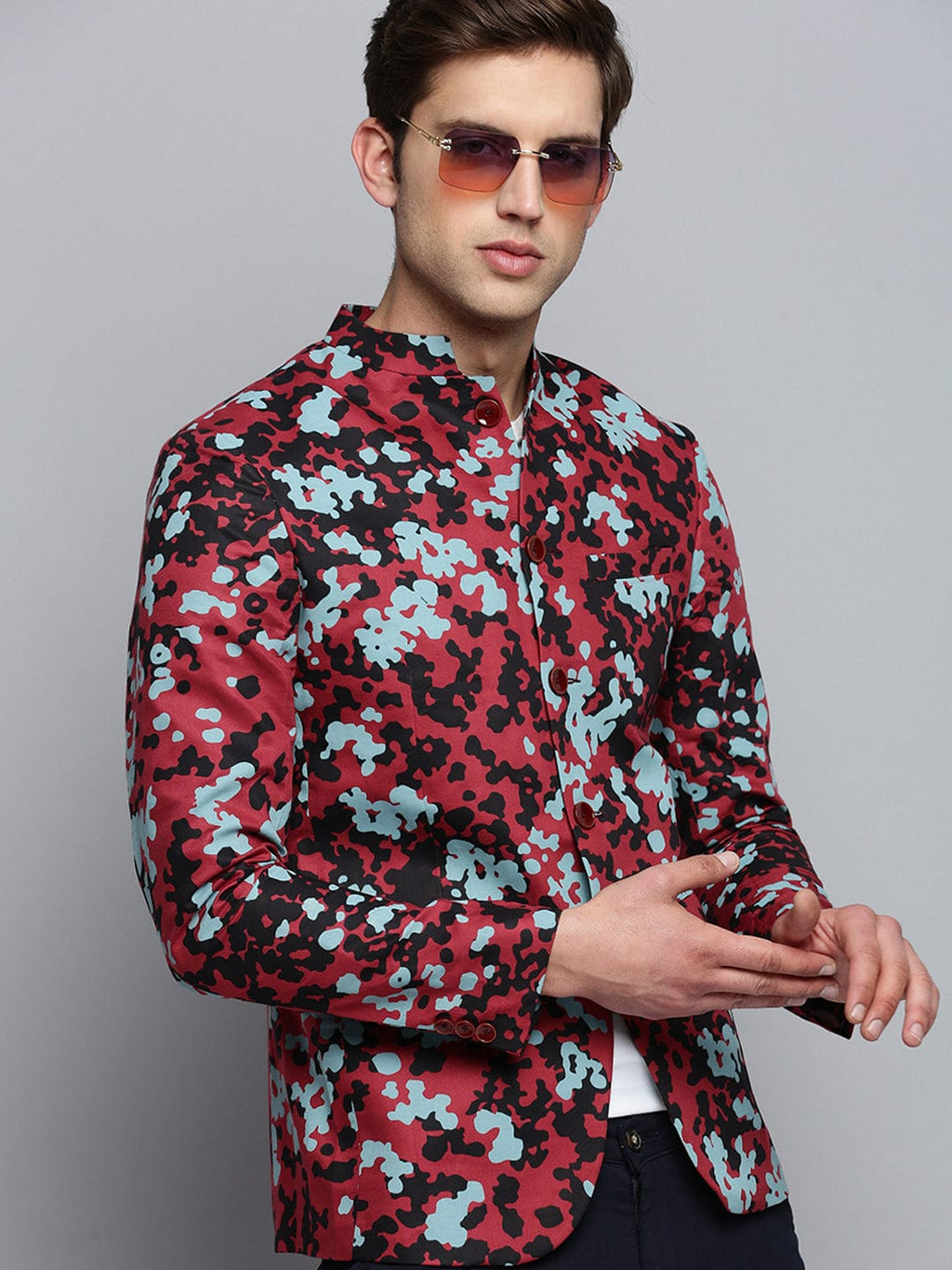 Men's Mandarin Collar Printed Burgundy Blazer