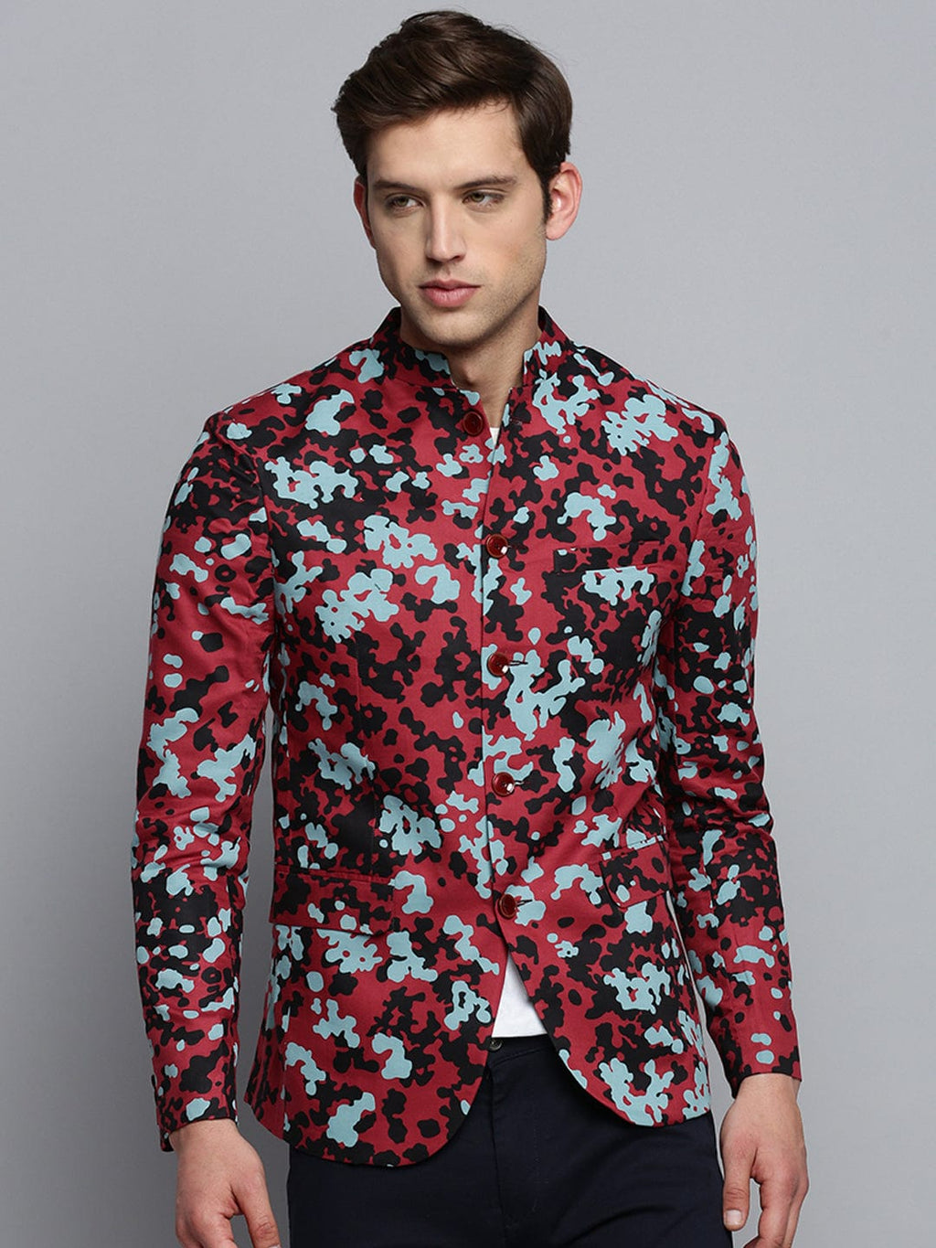 Men's Mandarin Collar Printed Burgundy Blazer