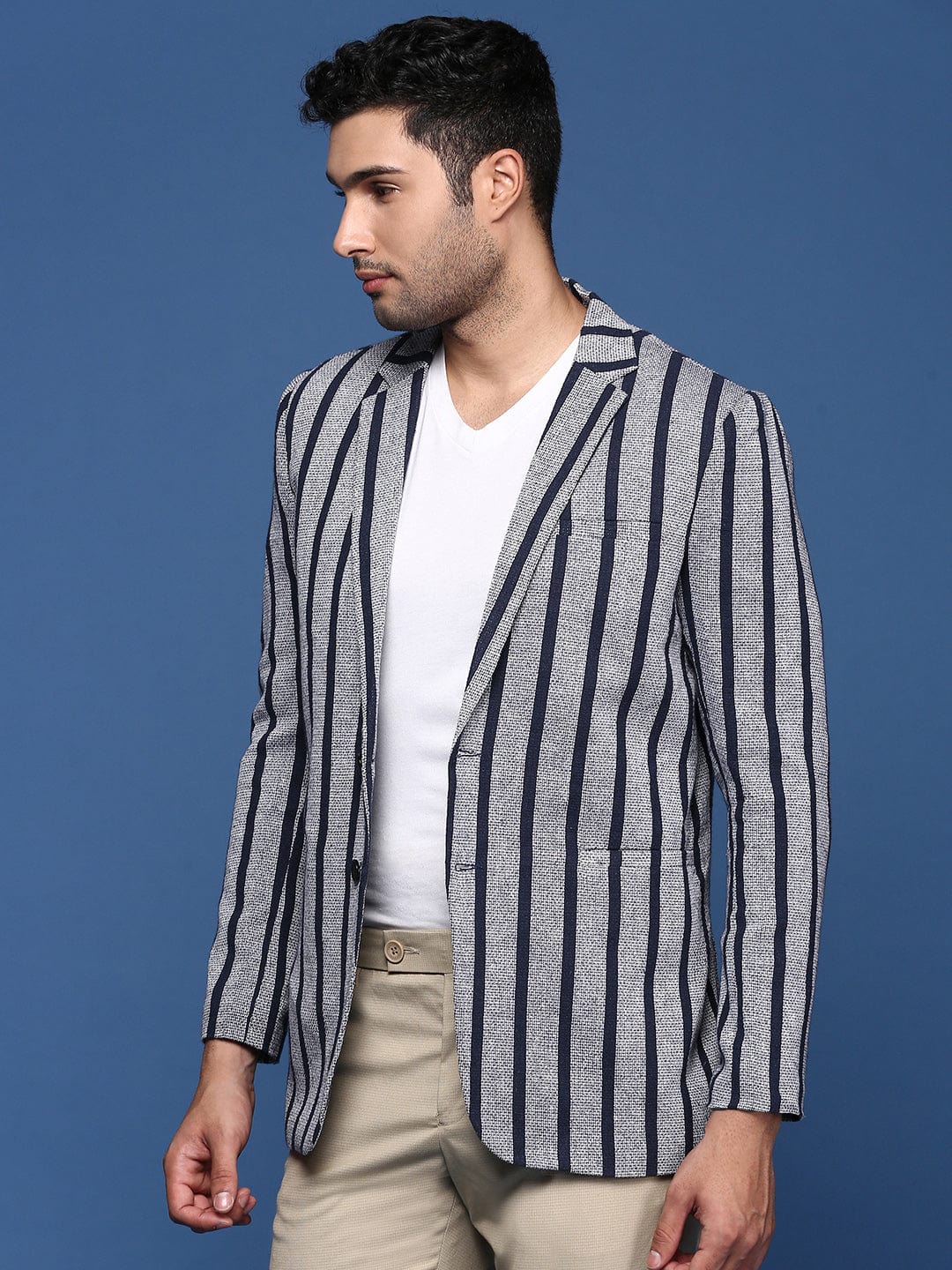 Men's Navy Blue Striped Notched Lapel Slim Fit Single Breasted Blazers