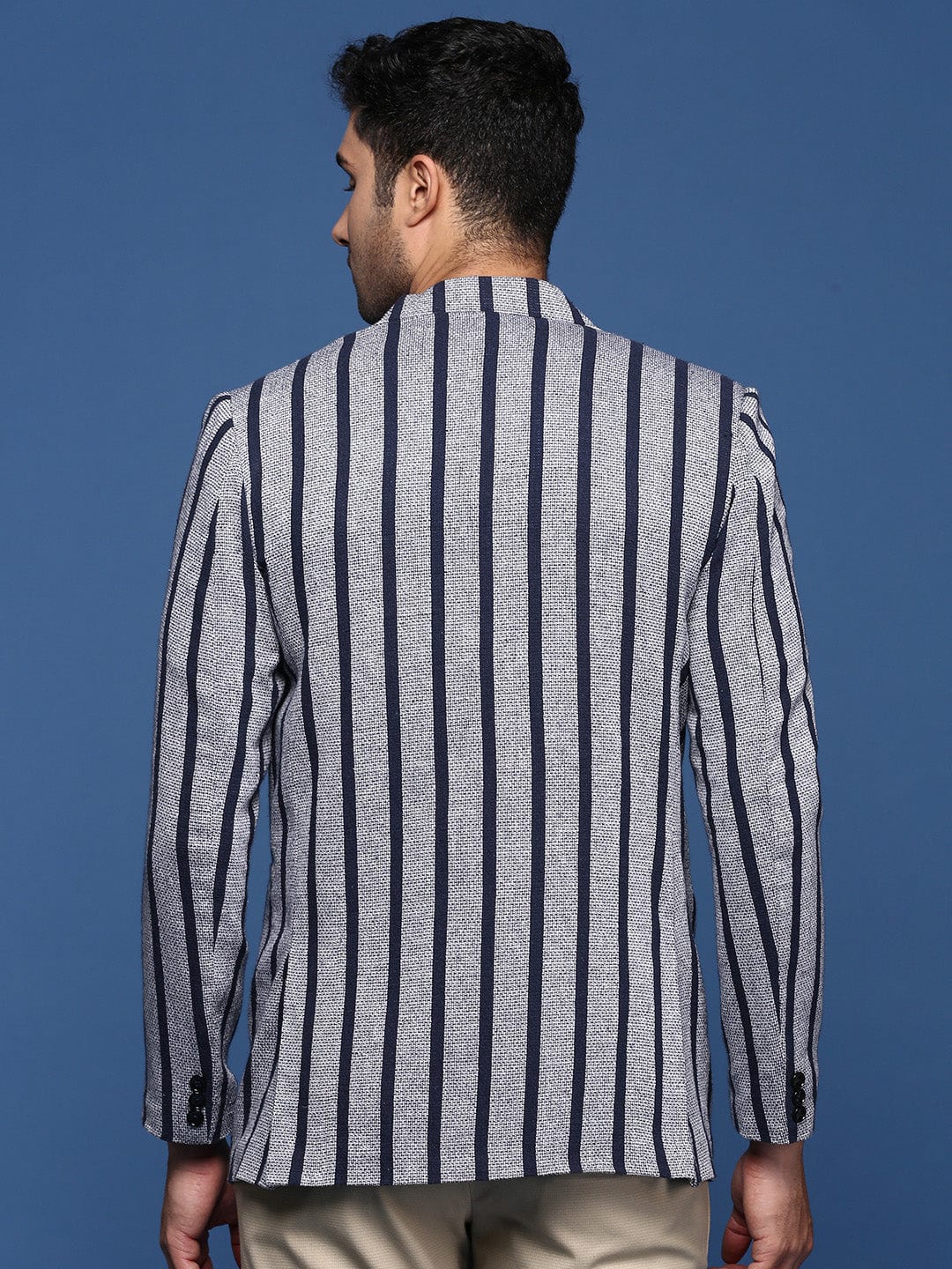 Men's Navy Blue Striped Notched Lapel Slim Fit Single Breasted Blazers