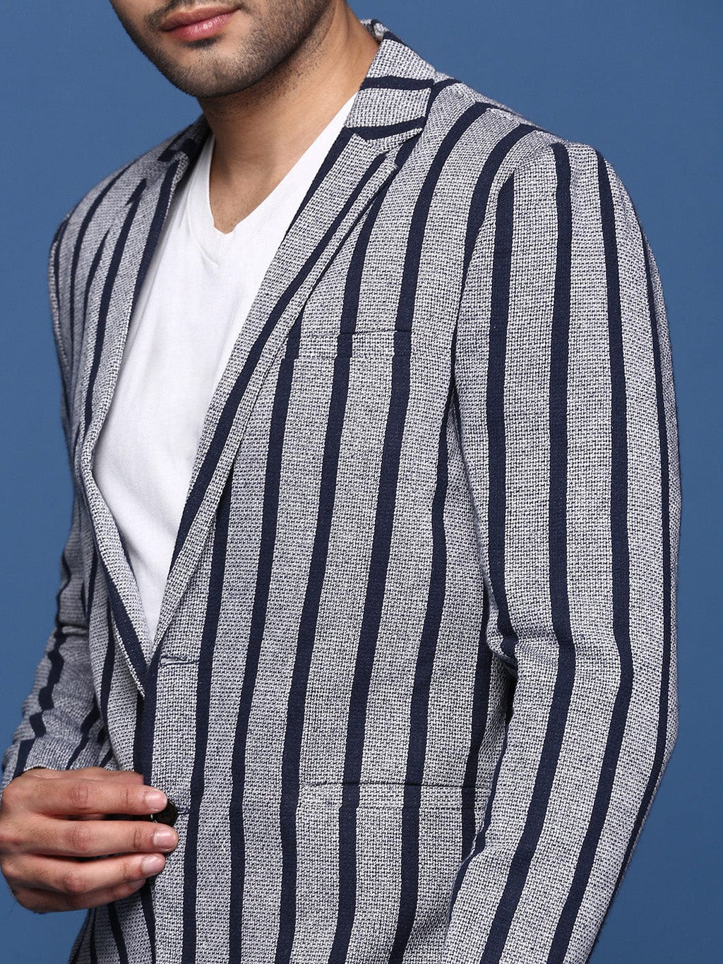 Men's Navy Blue Striped Notched Lapel Slim Fit Single Breasted Blazers
