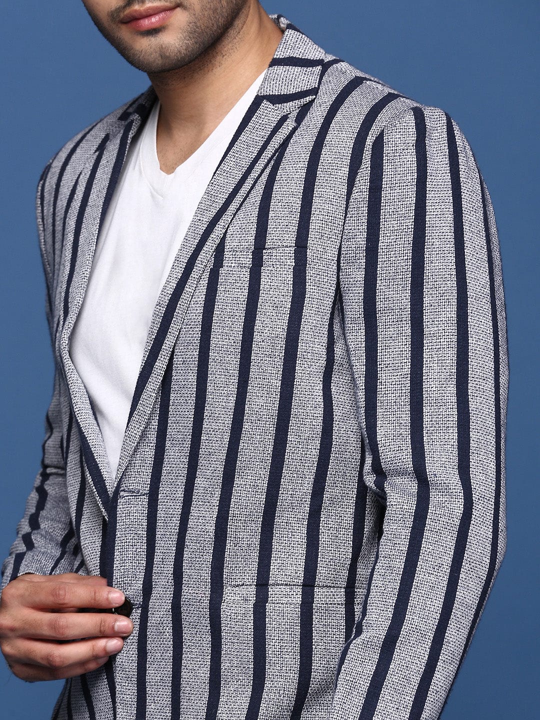 Men's Navy Blue Striped Notched Lapel Slim Fit Single Breasted Blazers