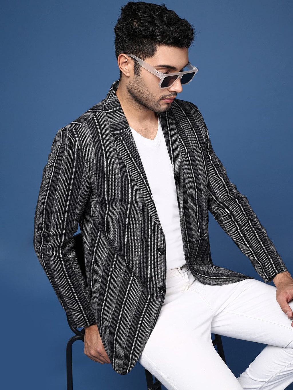 Men's Black Striped Slim Fit Single Breasted Blazer