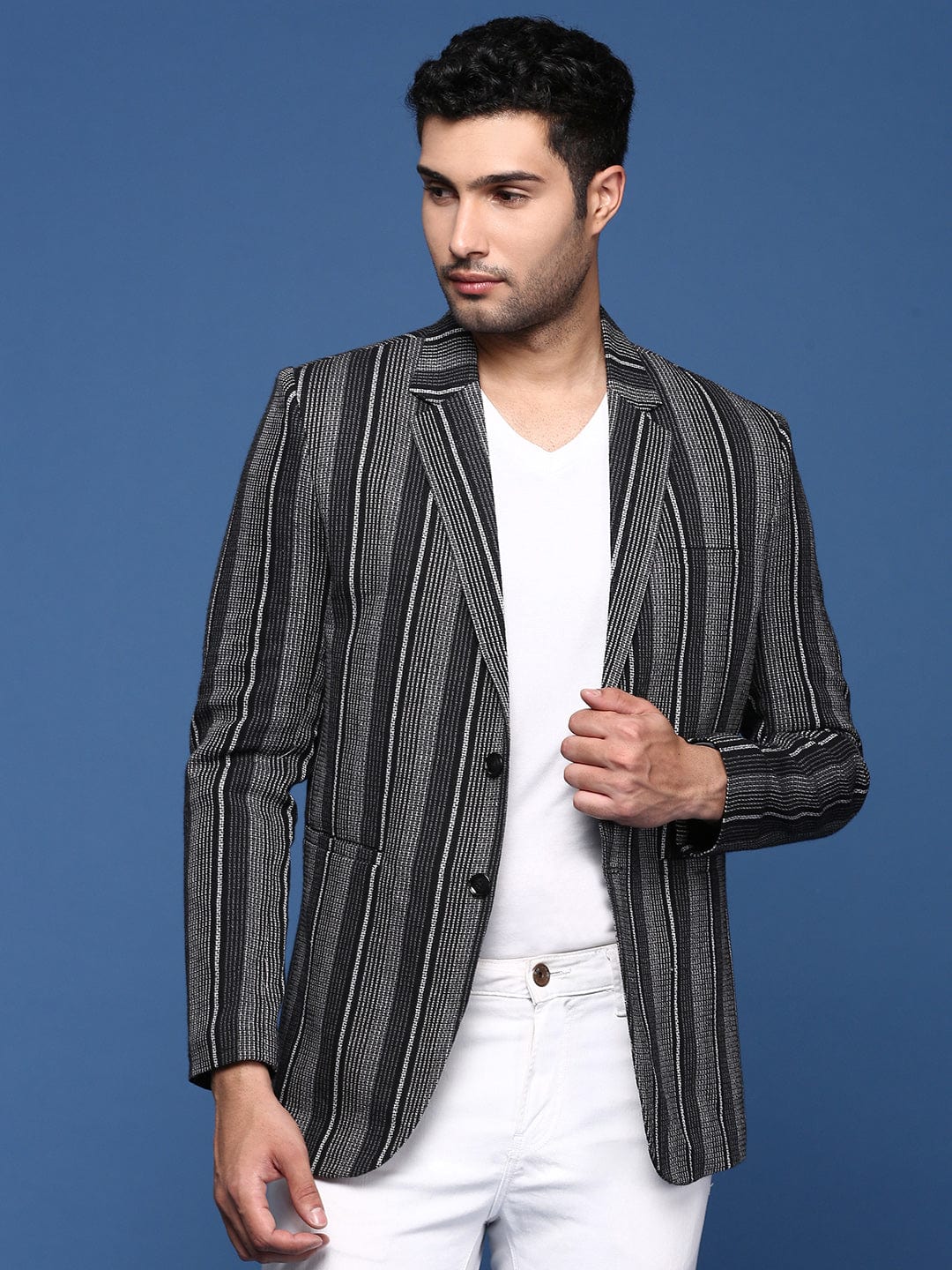 Men's Black Striped Slim Fit Single Breasted Blazer