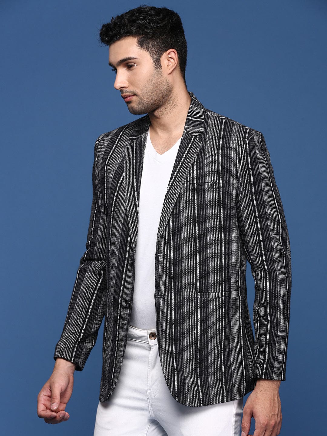 Men's Black Striped Slim Fit Single Breasted Blazer