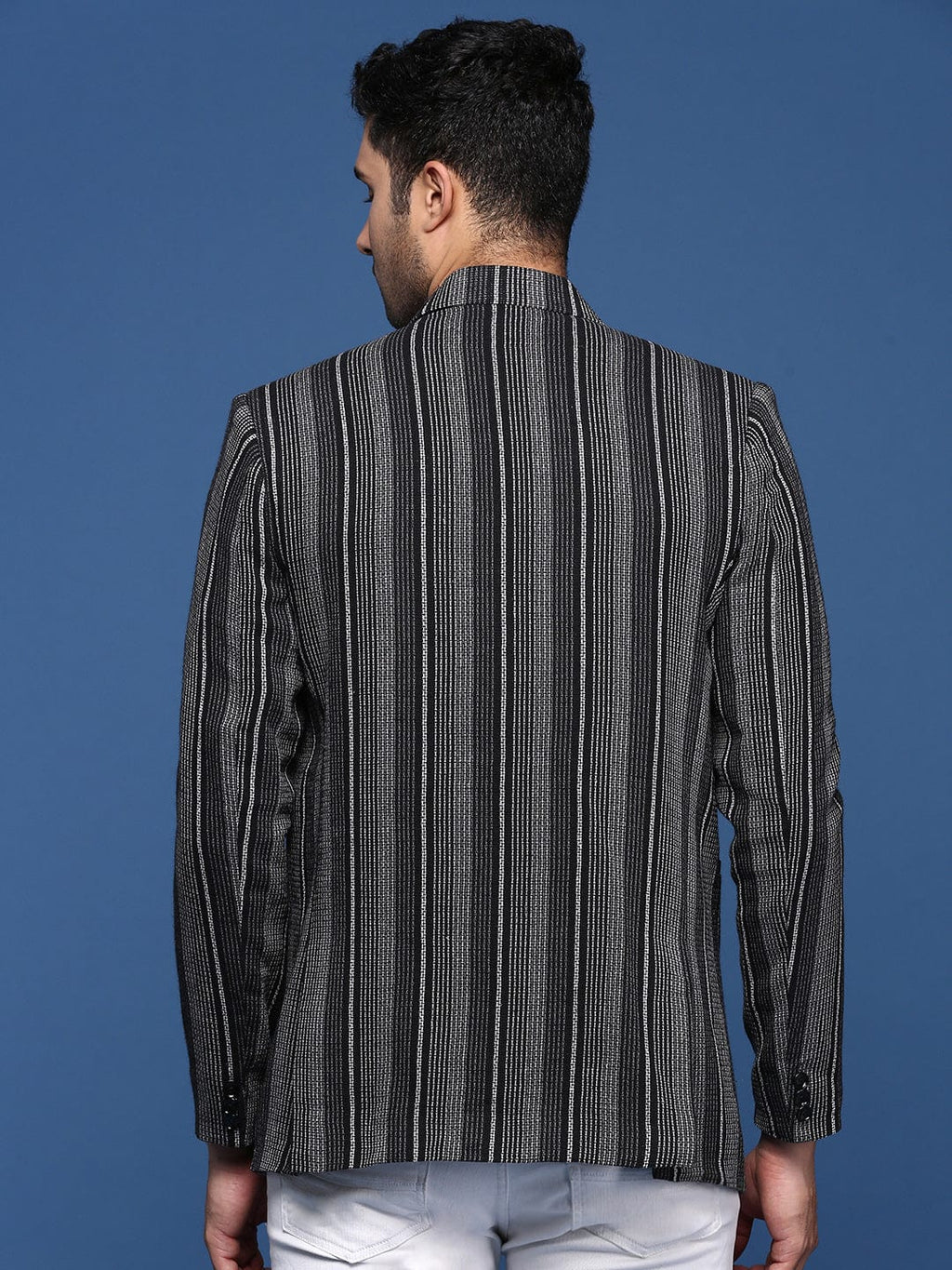 Men's Black Striped Slim Fit Single Breasted Blazer