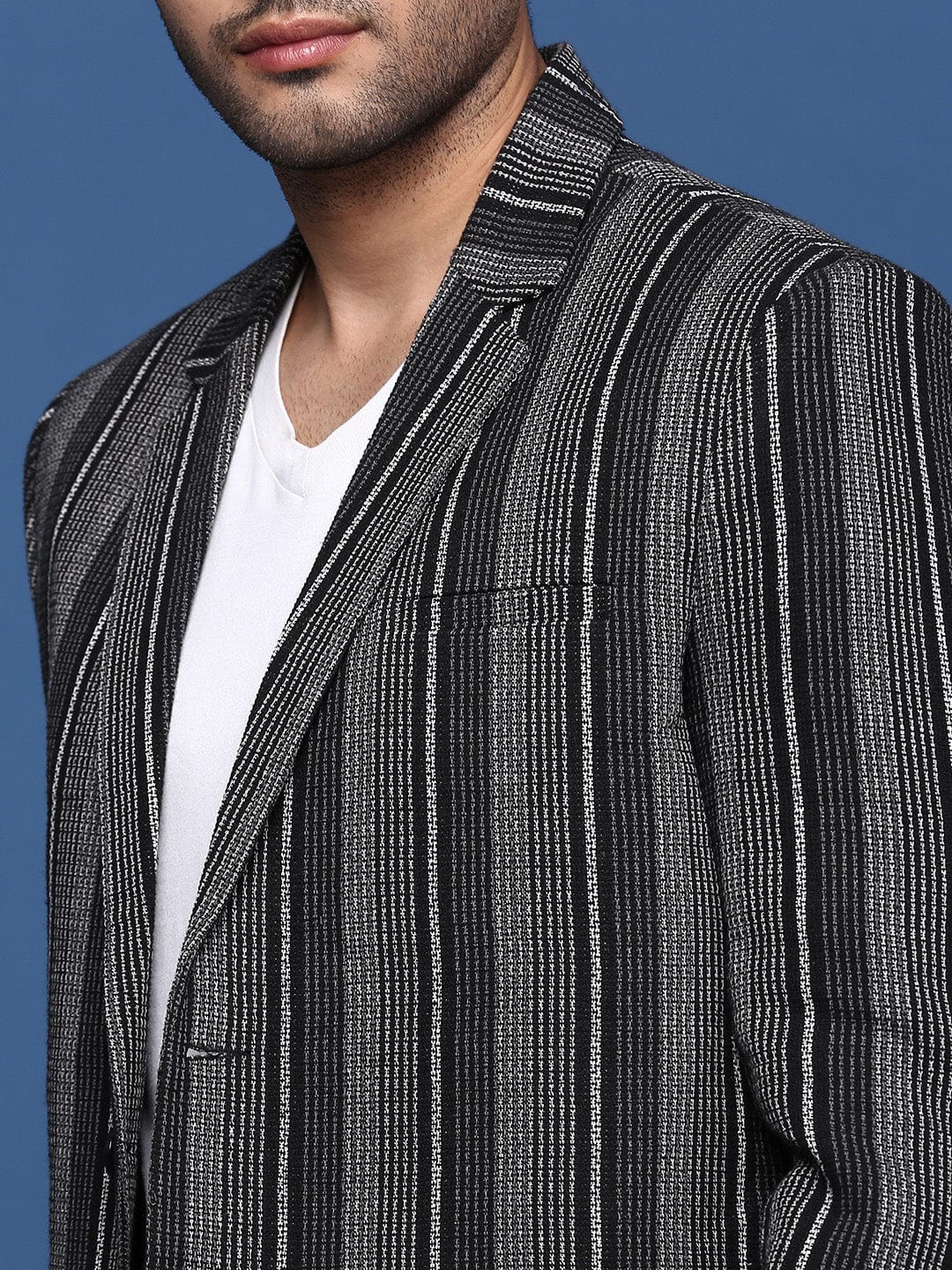 Men's Black Striped Slim Fit Single Breasted Blazer
