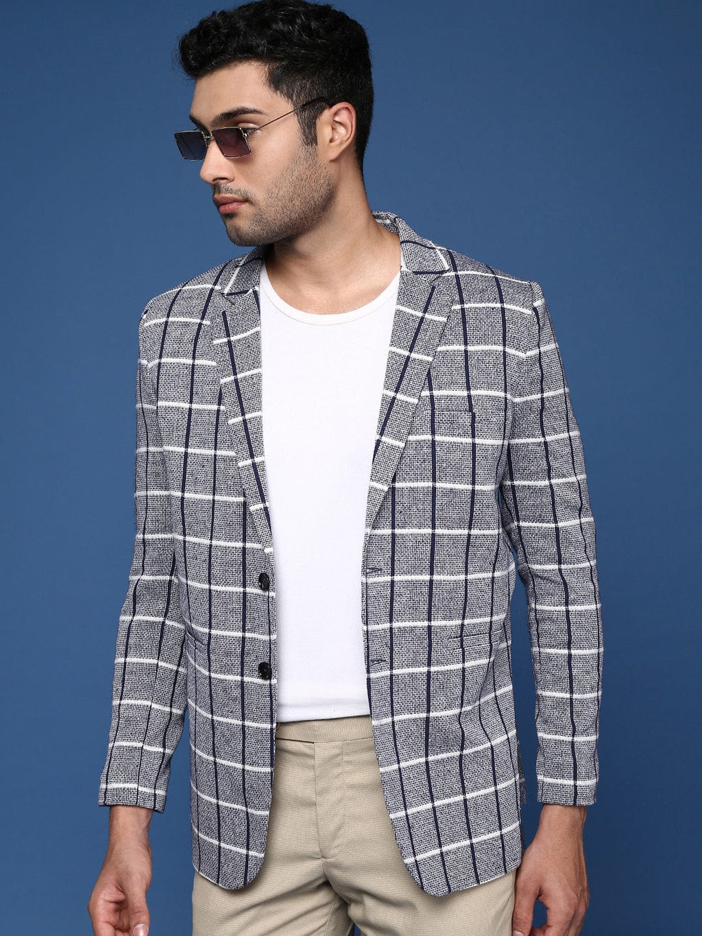 Men's Navy Blue Checked Notched Lapel Slim-Fit Single Breasted Blazers