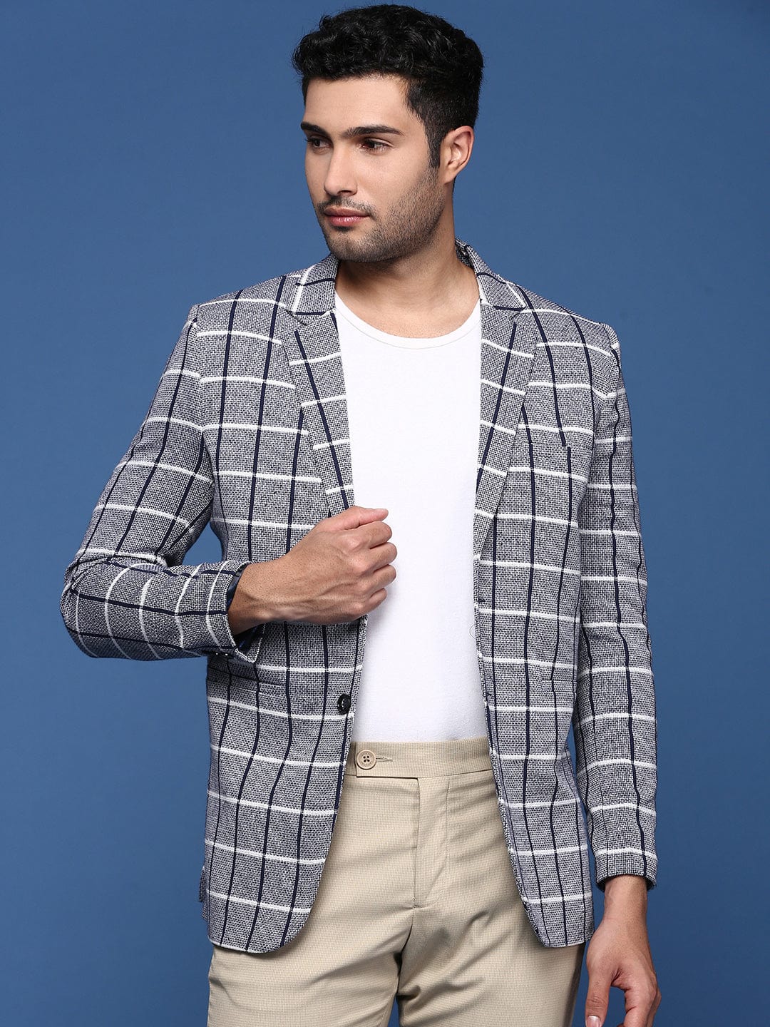 Men's Navy Blue Checked Notched Lapel Slim-Fit Single Breasted Blazers