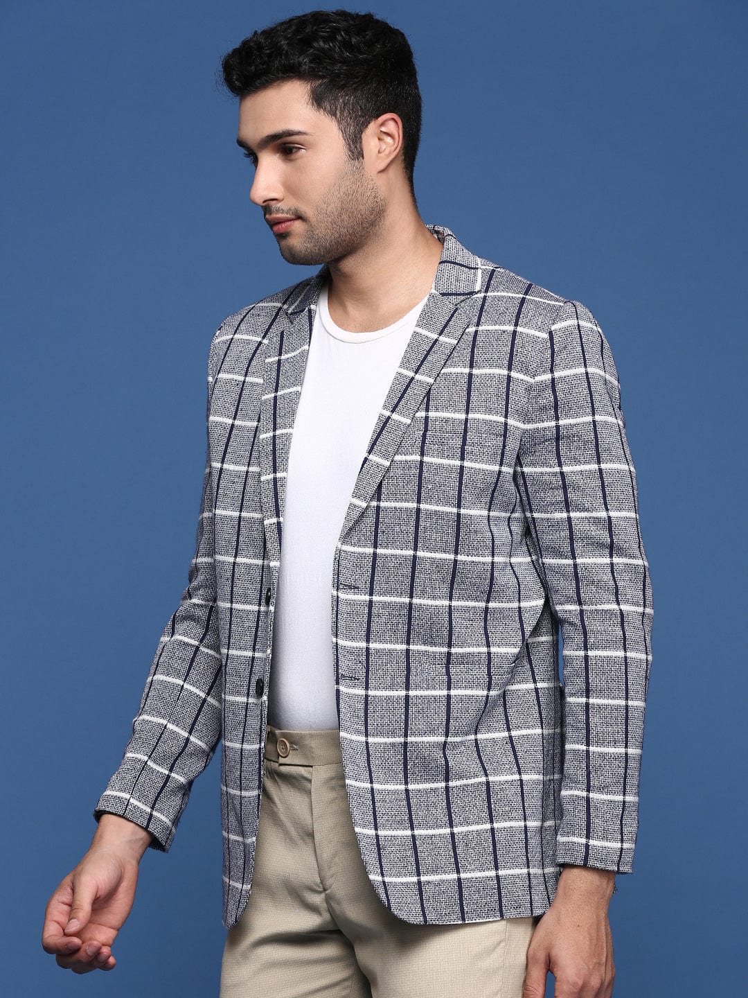 Men's Navy Blue Checked Notched Lapel Slim-Fit Single Breasted Blazers