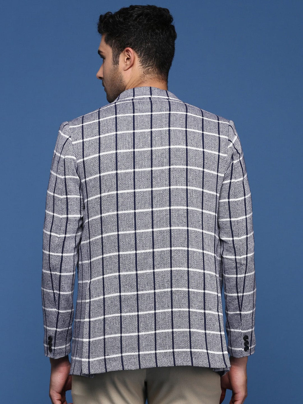 Men's Navy Blue Checked Notched Lapel Slim-Fit Single Breasted Blazers