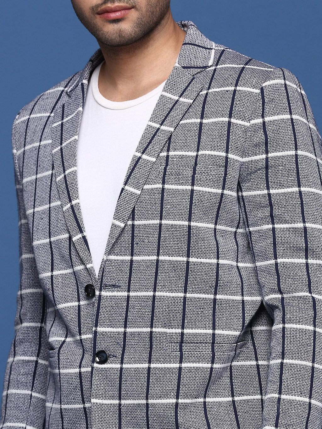 Men's Navy Blue Checked Notched Lapel Slim-Fit Single Breasted Blazers