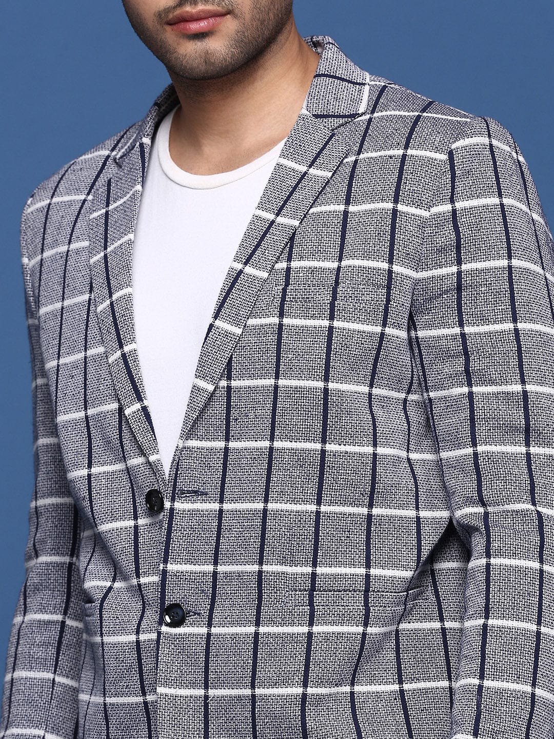 Men's Navy Blue Checked Notched Lapel Slim-Fit Single Breasted Blazers