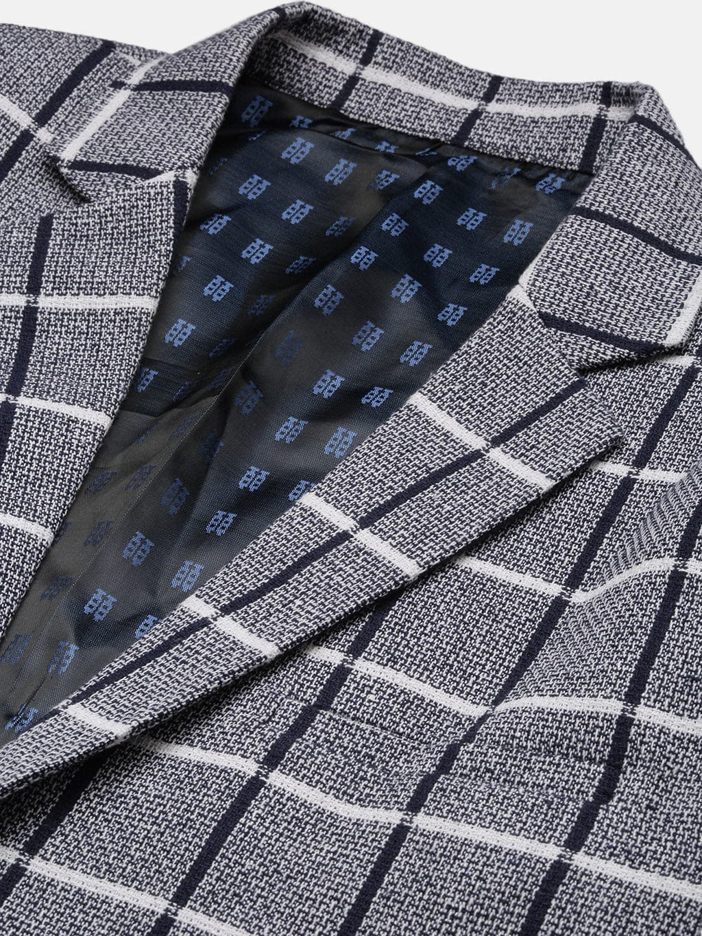 Men's Navy Blue Checked Notched Lapel Slim-Fit Single Breasted Blazers