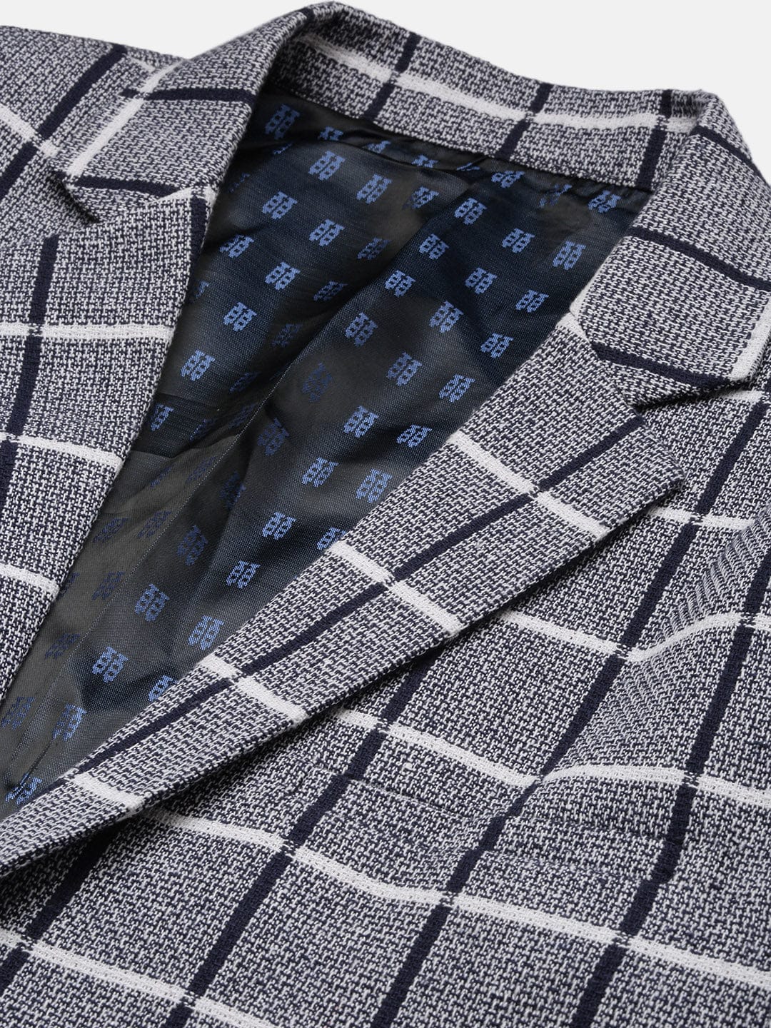 Men's Navy Blue Checked Notched Lapel Slim-Fit Single Breasted Blazers