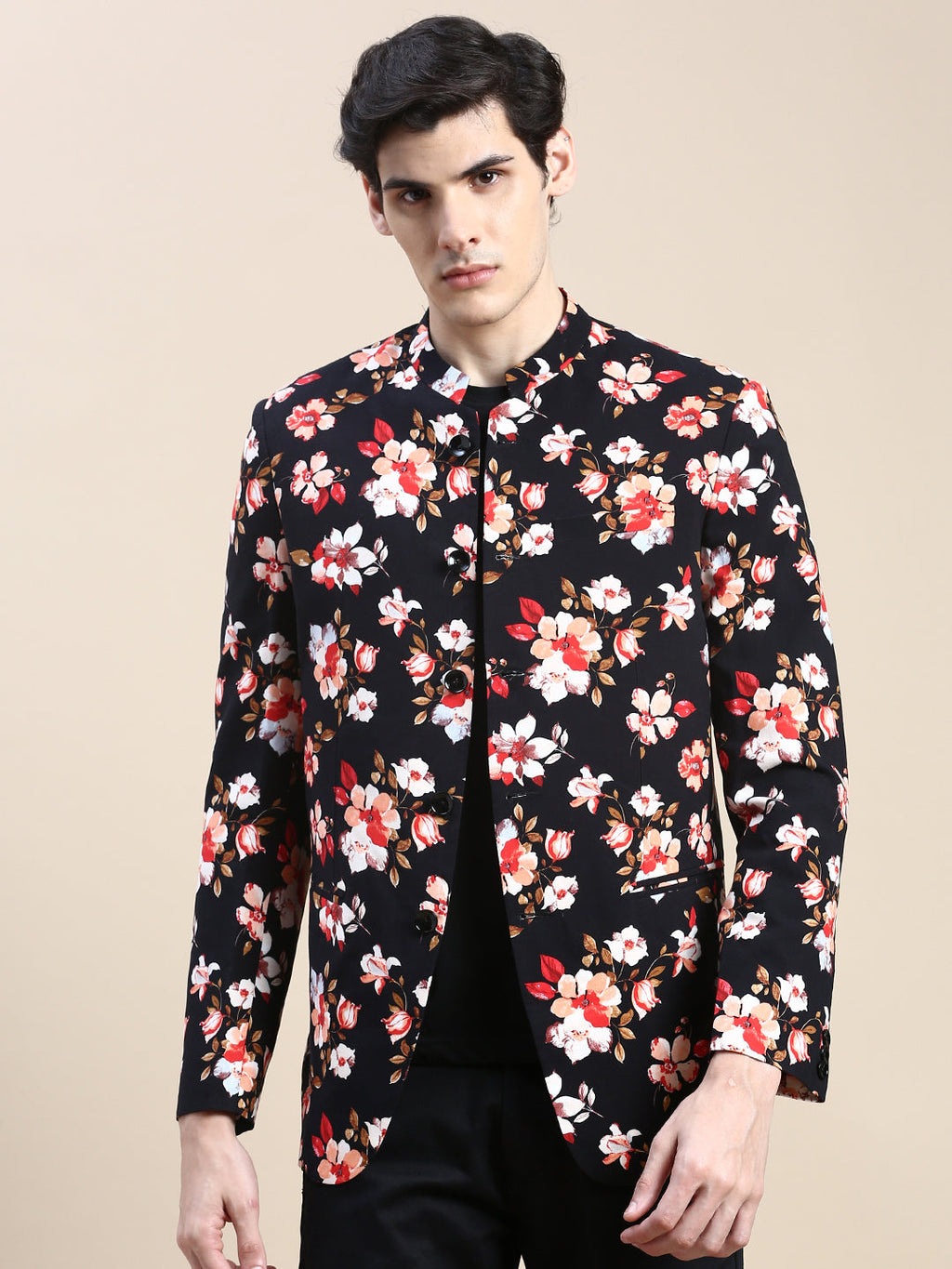 Men's Black Floral Printed Slim-Fit Cotton Bandhgala Blazer