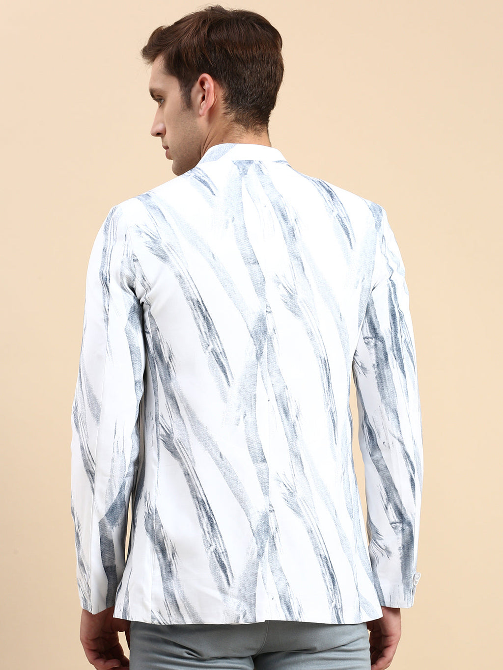 Men's White Printed Slim Fit Mandarin Collar Bandhgala Blazer