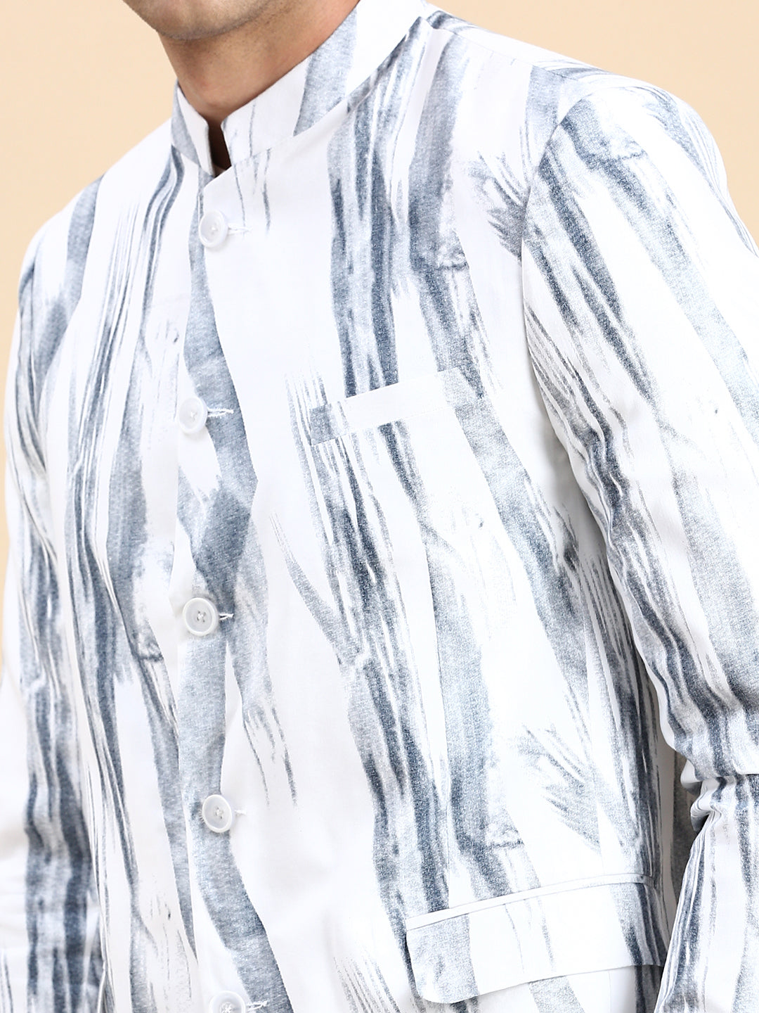 Men's White Printed Slim Fit Mandarin Collar Bandhgala Blazer