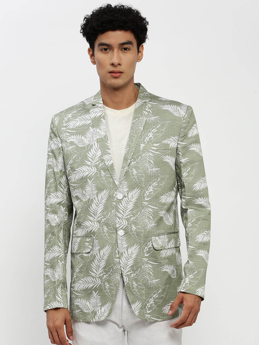 Men's Sea Green Printed Notched Lapel Single Breasted Slim-Fit Blazer
