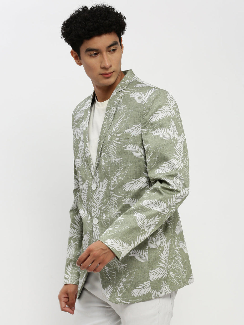 Men's Sea Green Printed Notched Lapel Single Breasted Slim-Fit Blazer