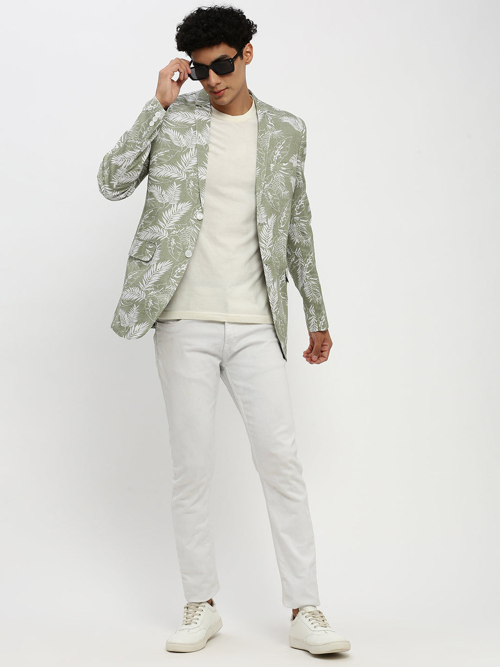 Men's Sea Green Printed Notched Lapel Single Breasted Slim-Fit Blazer
