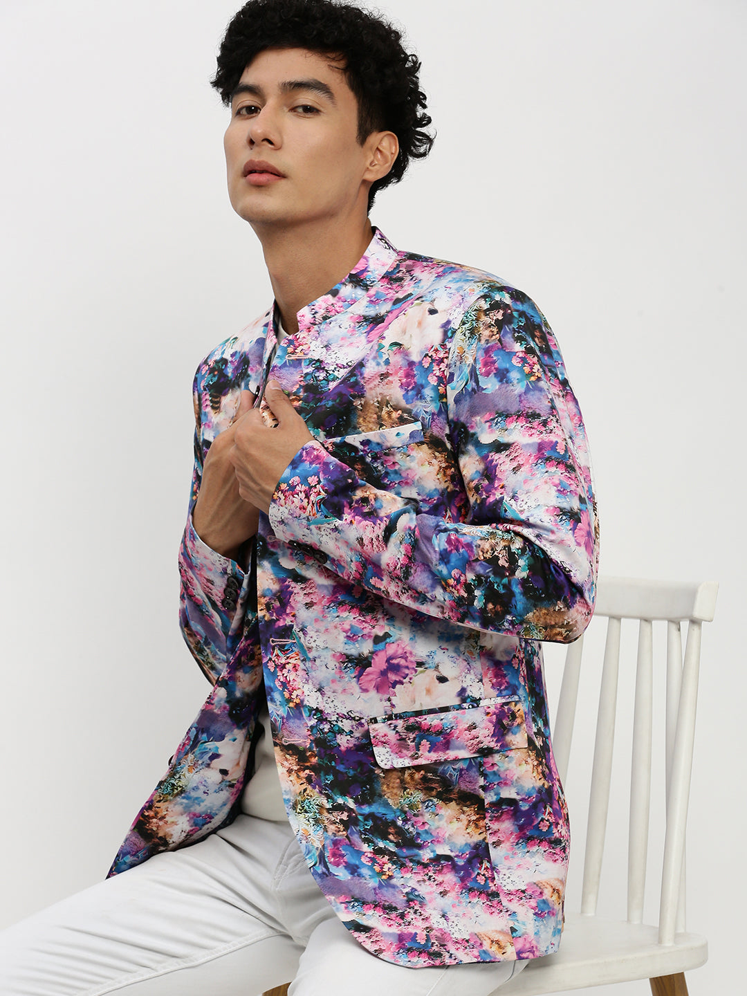 Men's Multi Floral Printed Bandhgala Slim Fit Blazer