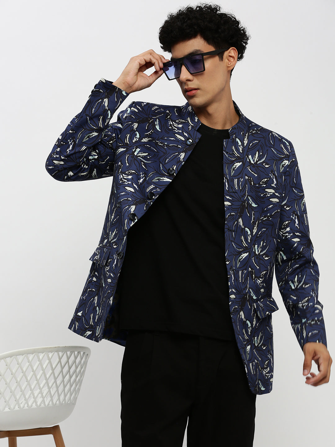 Men's Navy Blue Printed Bandhgala Slim-Fit Blazer