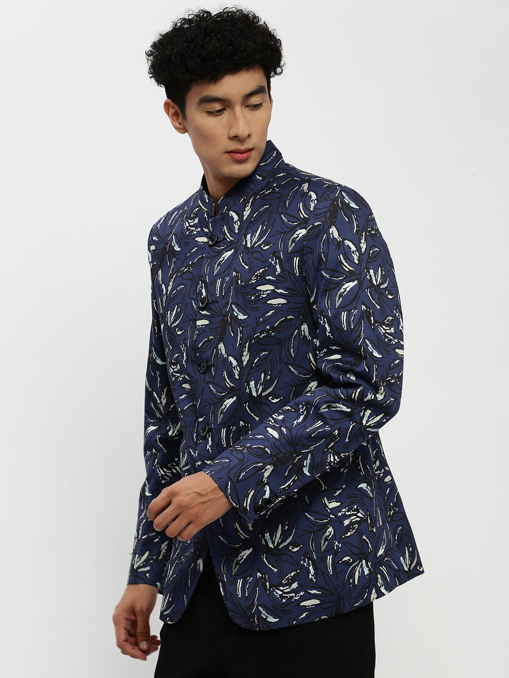 Men's Navy Blue Printed Bandhgala Slim-Fit Blazer