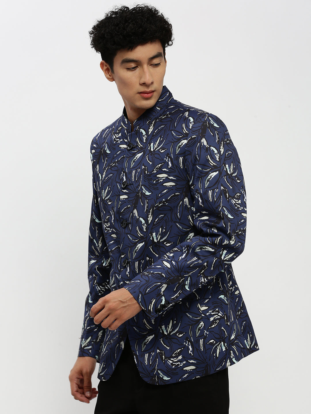 Men's Navy Blue Printed Bandhgala Slim-Fit Blazer