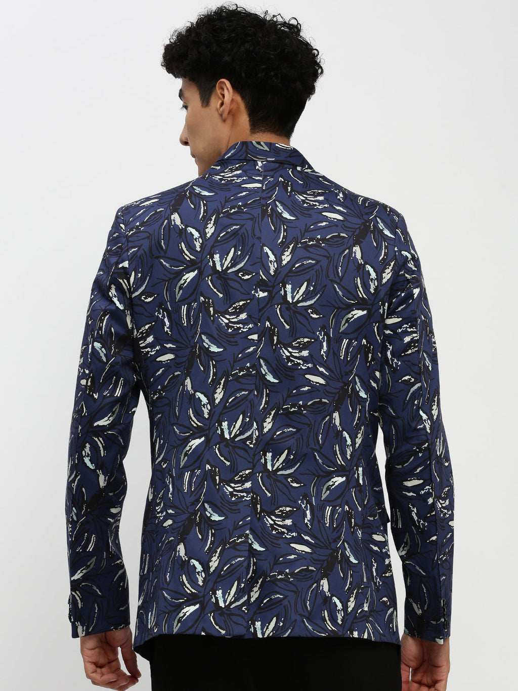 Men's Navy Blue Printed Bandhgala Slim-Fit Blazer