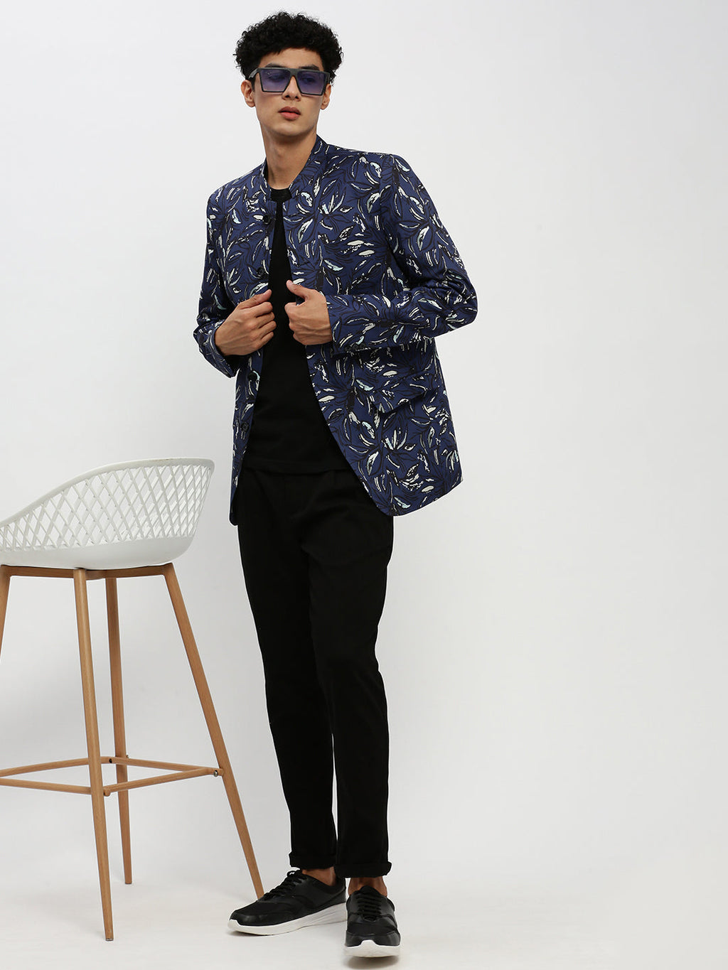 Men's Navy Blue Printed Bandhgala Slim-Fit Blazer