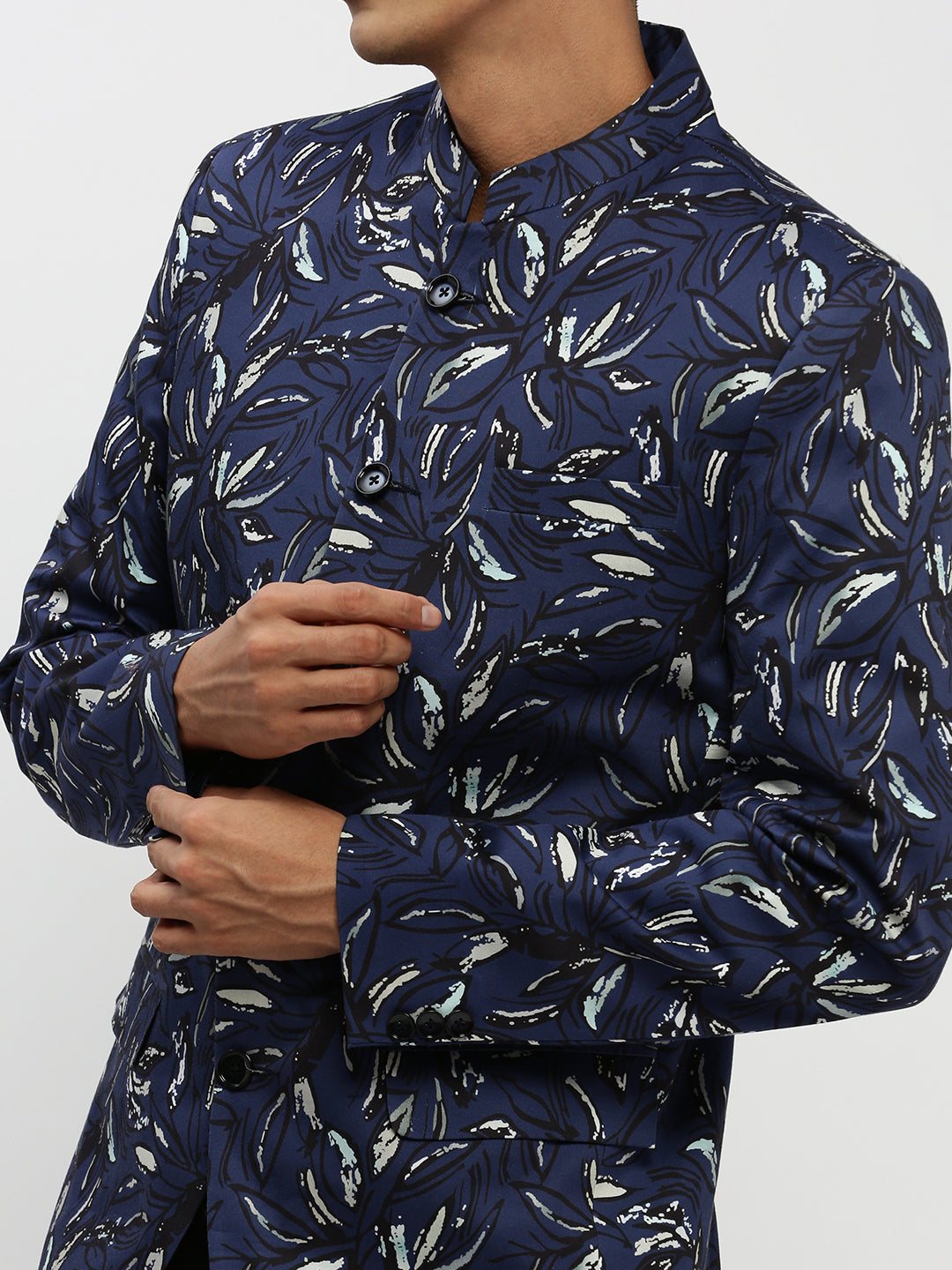 Men's Navy Blue Printed Bandhgala Slim-Fit Blazer