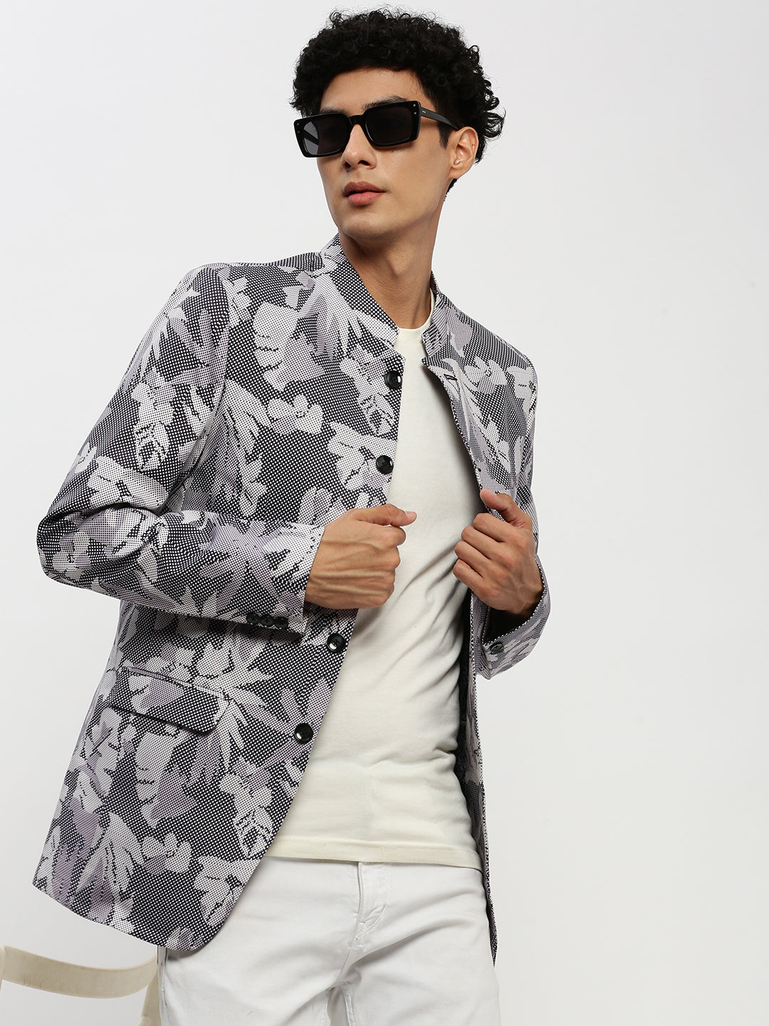 Men's Grey Printed Bandhgala Slim Fit Blazer