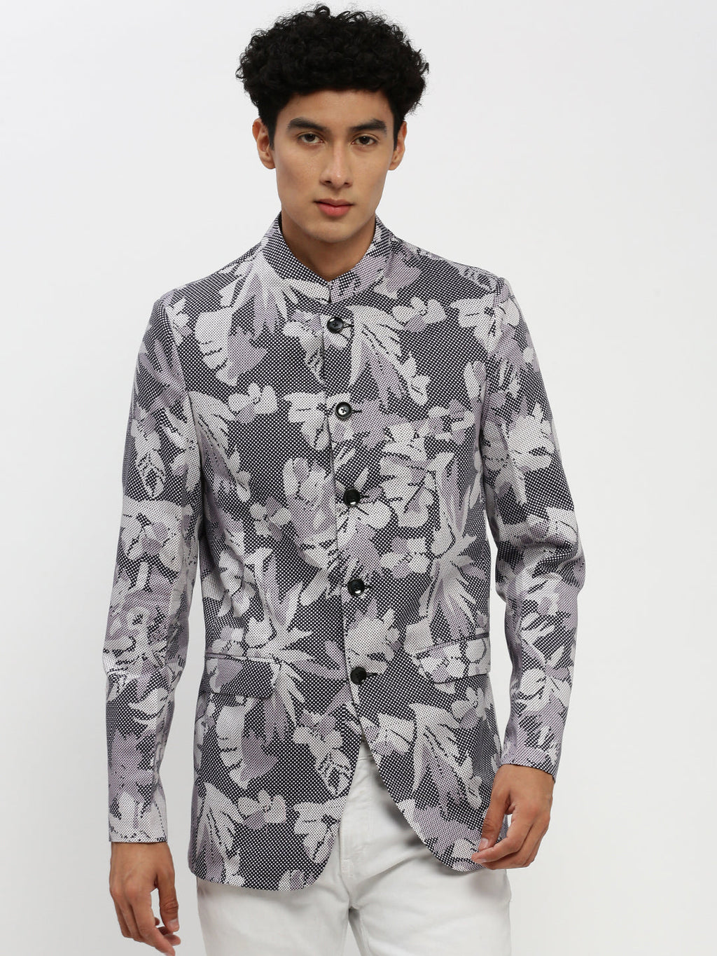 Men's Grey Printed Bandhgala Slim Fit Blazer