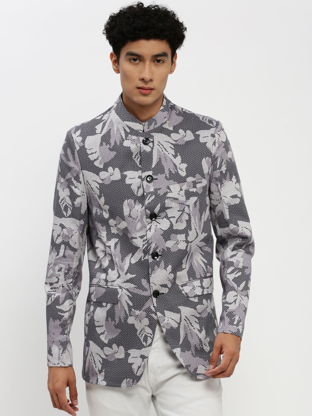 Men's Grey Printed Bandhgala Slim Fit Blazer