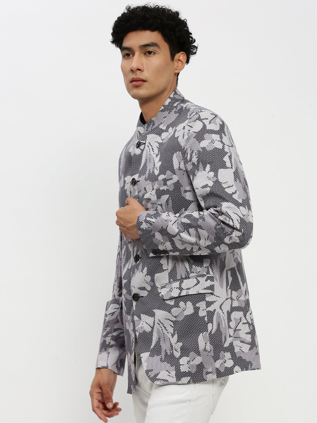 Men's Grey Printed Bandhgala Slim Fit Blazer