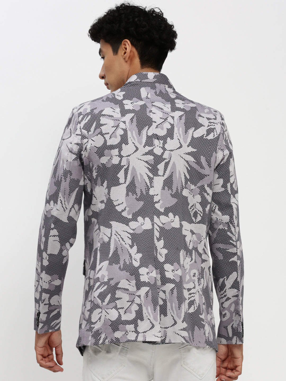 Men's Grey Printed Bandhgala Slim Fit Blazer