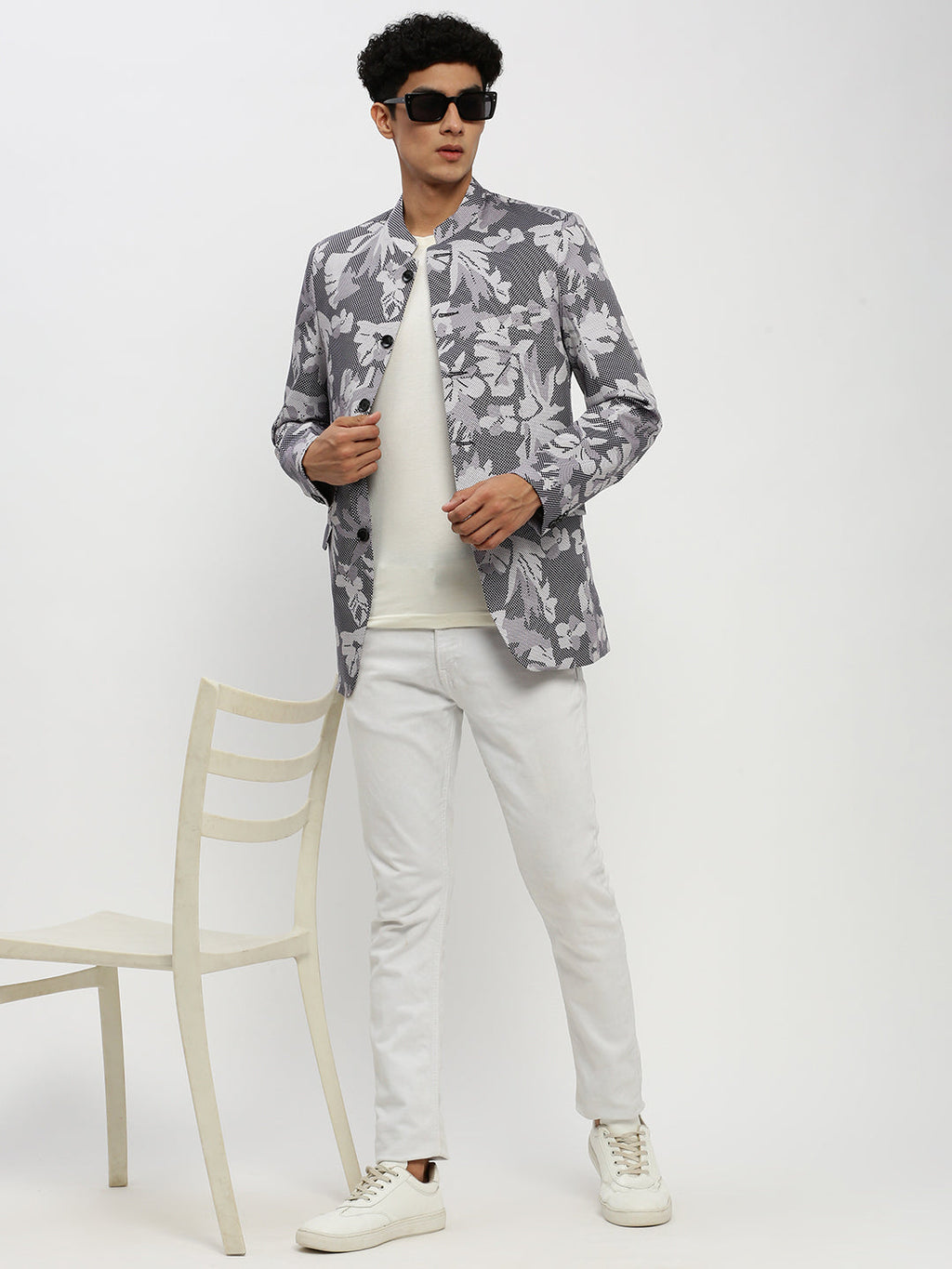 Men's Grey Printed Bandhgala Slim Fit Blazer