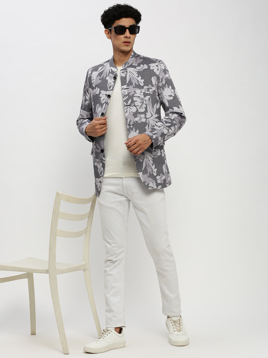 Men's Grey Printed Bandhgala Slim Fit Blazer