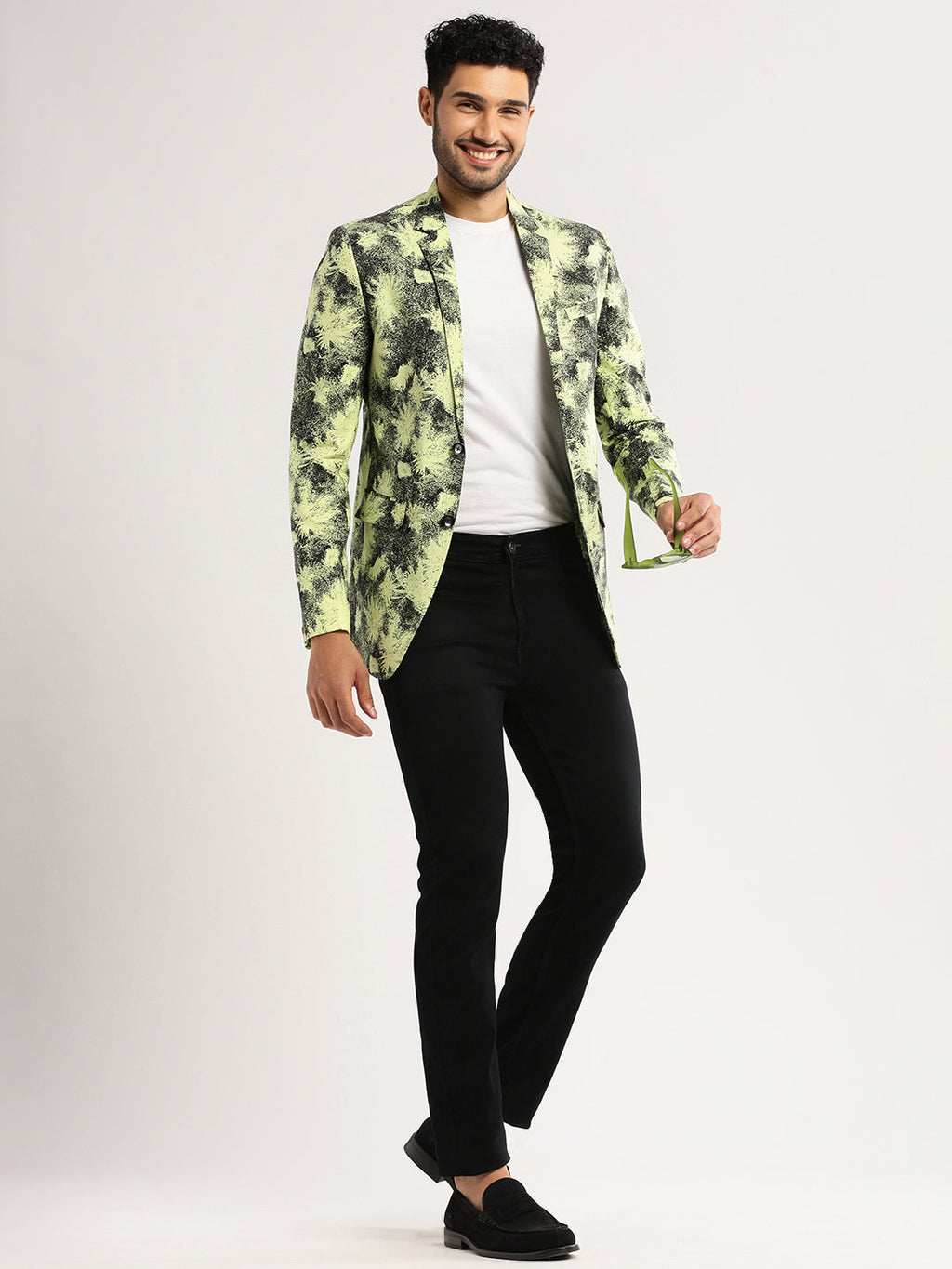 Men's Yellow Printed Notched Lapel Slim-Fit Single-Breasted Blazer