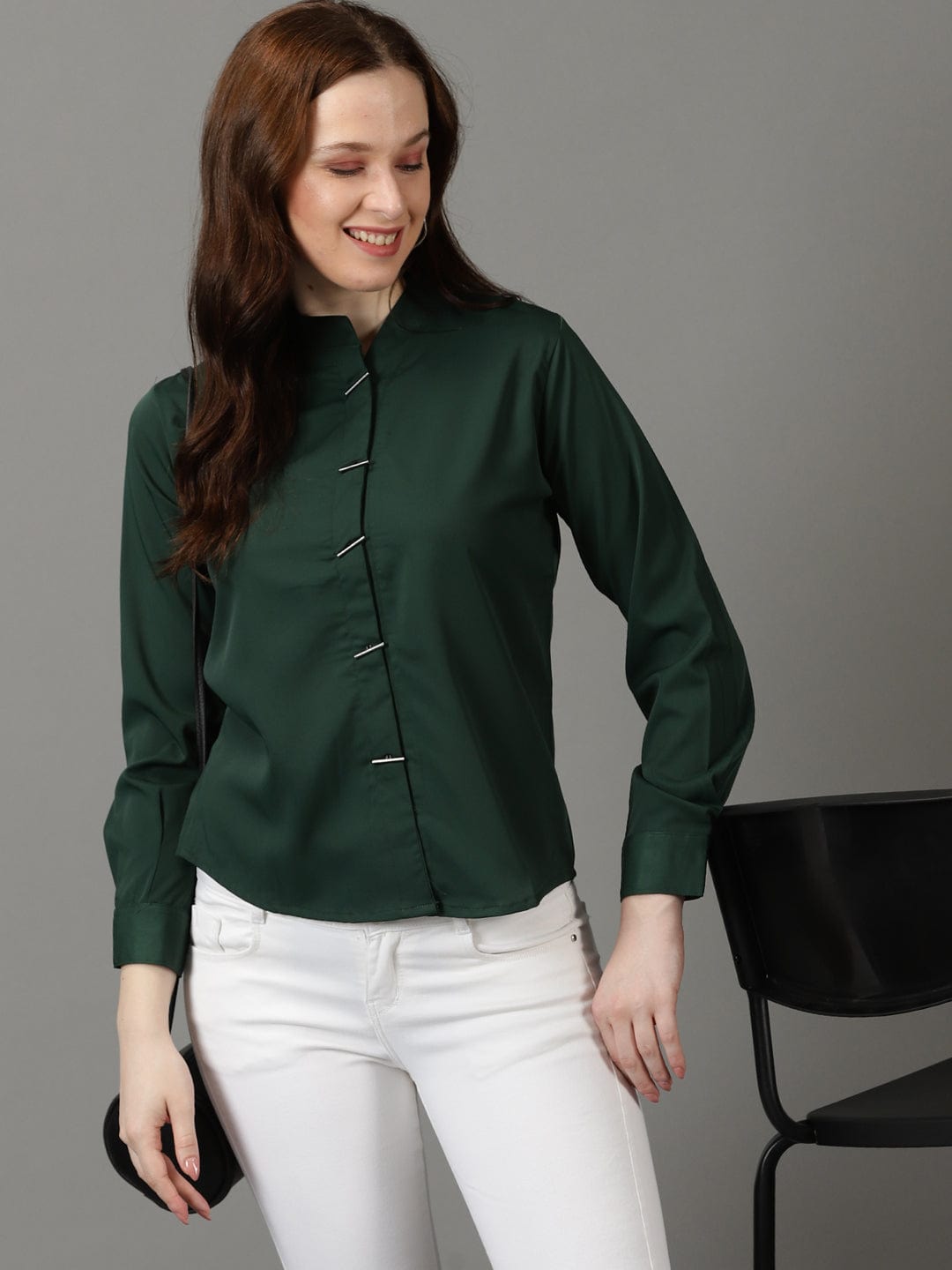 Women's Green High Neck Cuffed Sleeves Shirt Style Top