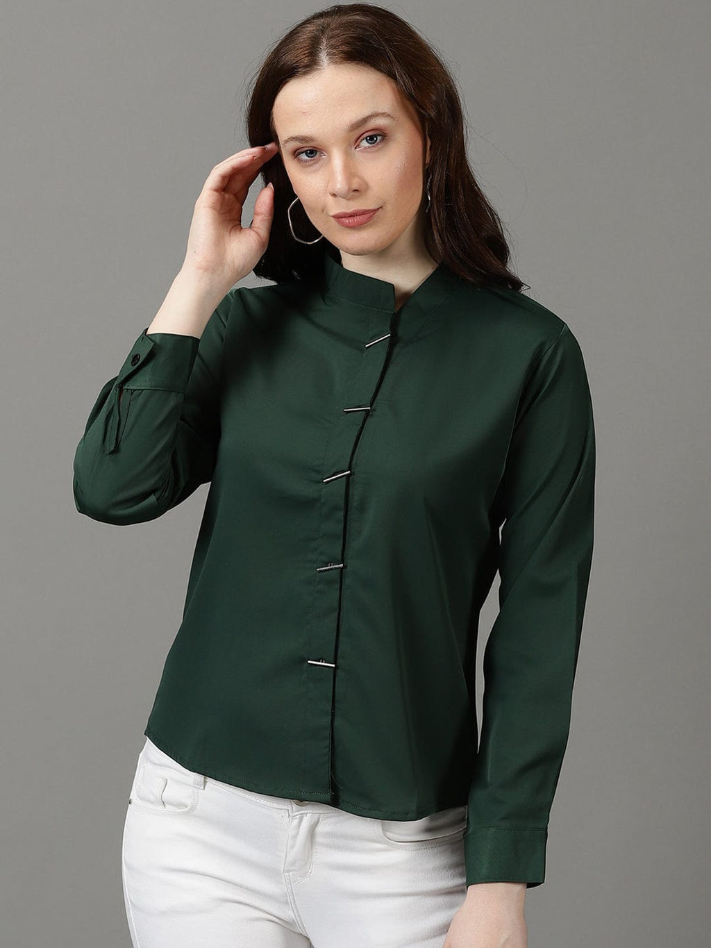 Women's Green High Neck Cuffed Sleeves Shirt Style Top